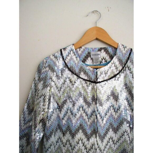 Chicos Womens Ikats Meow Sequin Jacket Blue Green - Picture 2 of 6